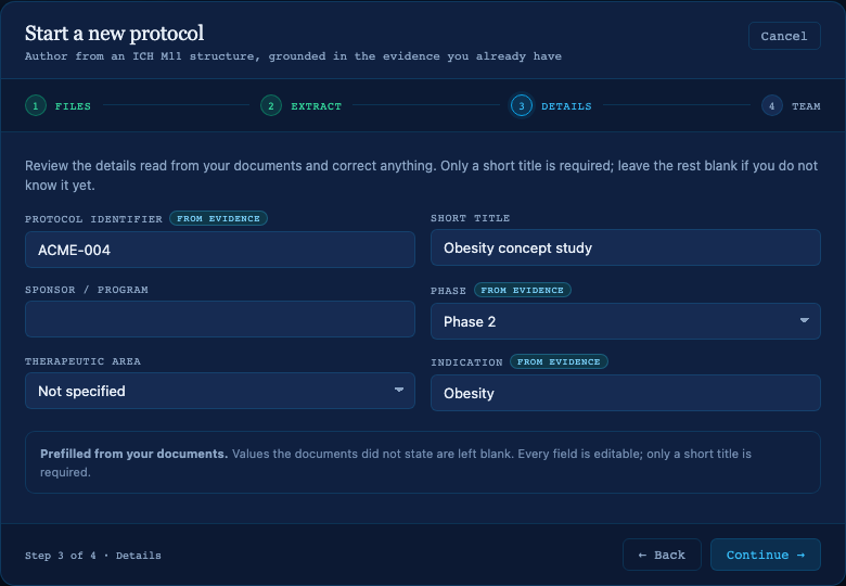 The Details step with the protocol identifier, phase, and indication marked from evidence, the short title filled in, and the sponsor field left blank.