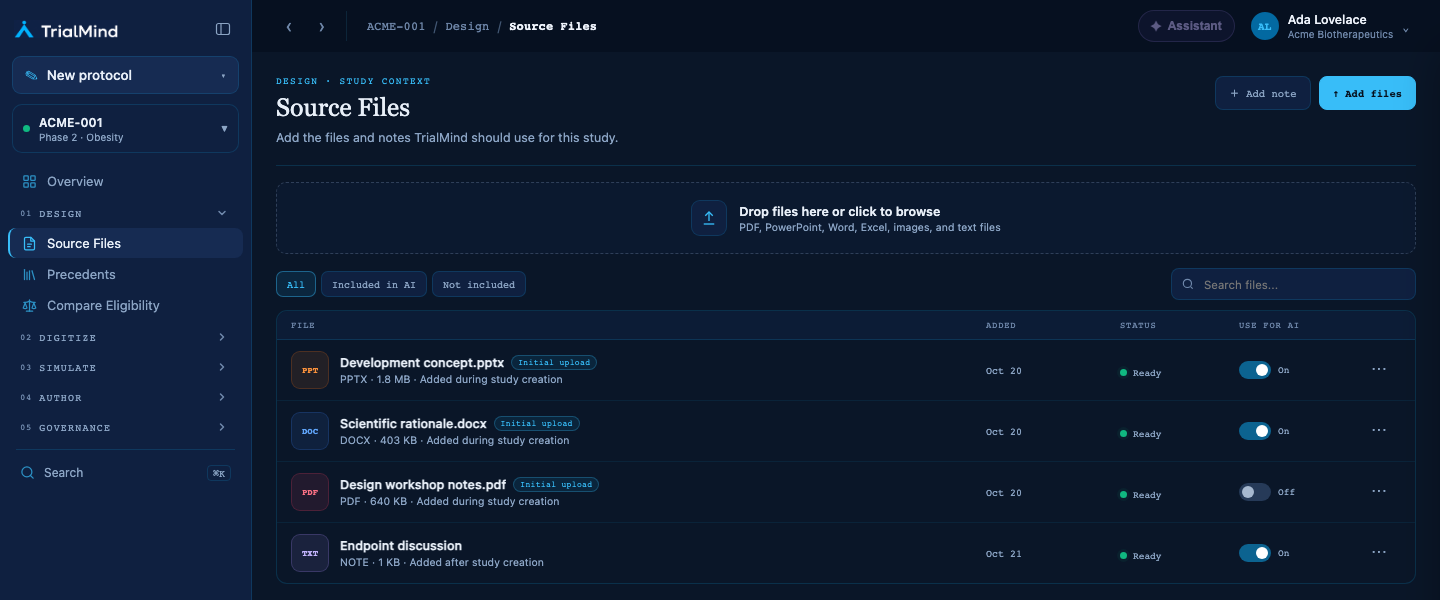The Source Files page with Add note and Add files buttons, filters, a search box, and a list of three documents and one note with their status and Use for AI switches.
